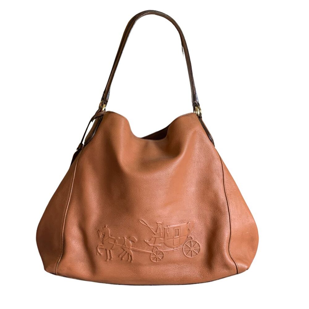 Vintage Brown Pebbled Leather Hobo Shoulder Bag Horse Carriage Embossed Large